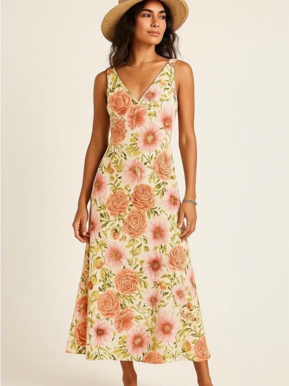 Anthropologie Paper Heart Floral V-Neck Maxi Dress Linen Blend Small